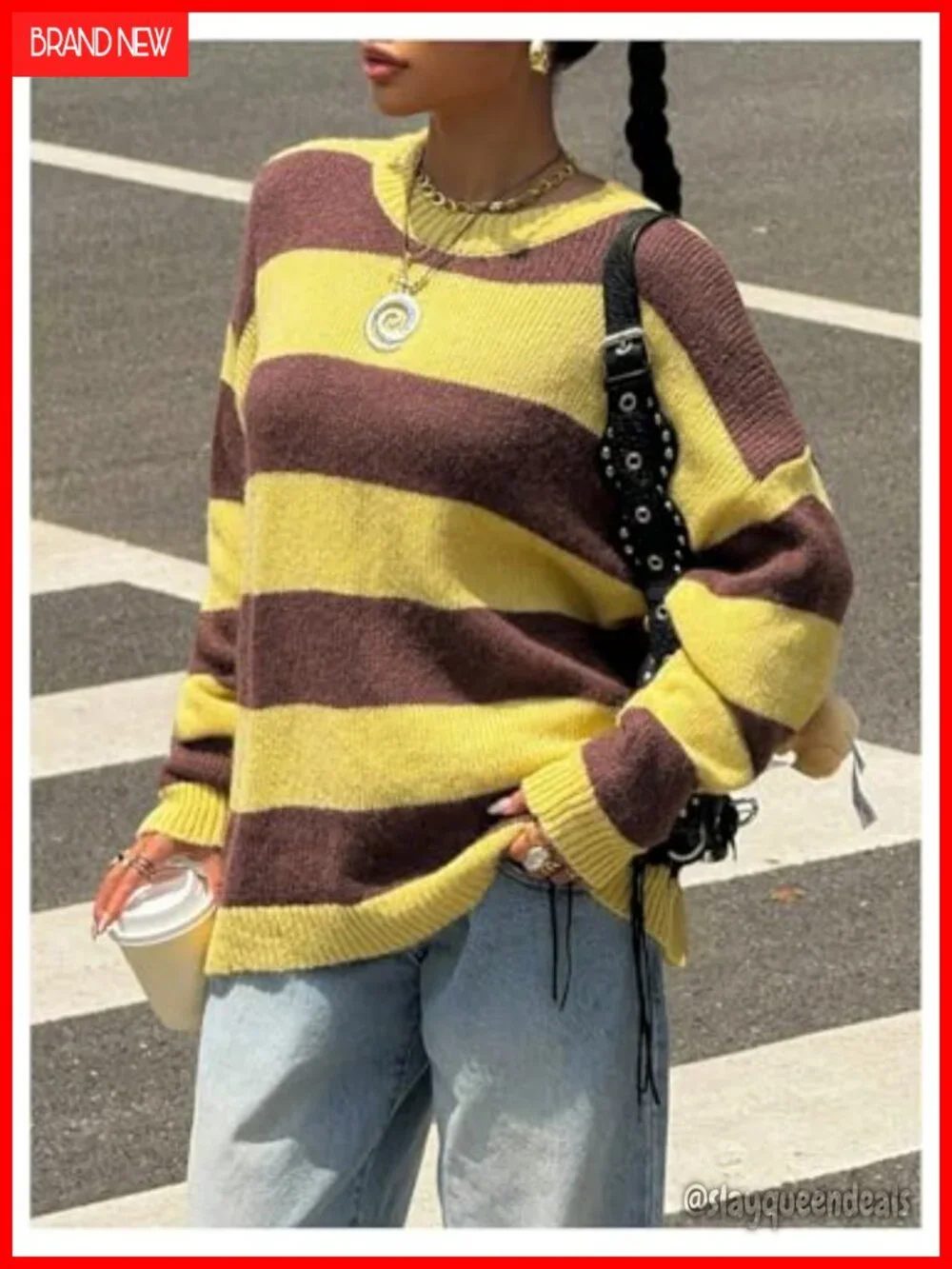 Striped Crewneck Long Sleeve Loose Knitted Pullover Sweater